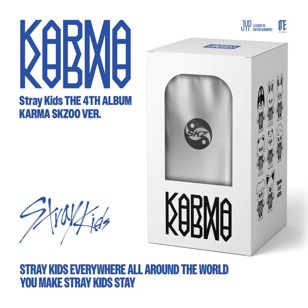 Album packaging for Stray Kids' 4th album 'Karma SKZOO Ver.' with branding and product details.